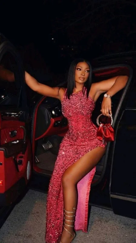 Unbeatable Prices long sleeve dressGlitter Hot Pink Halter Sequined Evening Dress with Split, DP2668