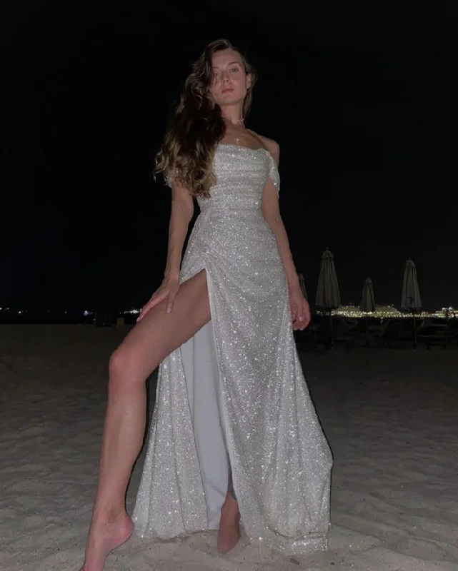 Now or Never ashionable dressSilver Shiny Off Shoulder A-Line Evening Dress with Slit, DP2441 Now or Never ashionable dressSilver Shiny Off Shoulder A-Line Evening Dress with Slit, DP2441