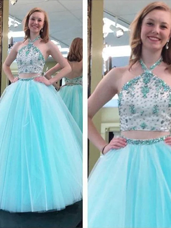 Friends and Family Sale classy prom dresses A-line Halter Floor-length Tulle Prom Dress/Evening Dress #MK068