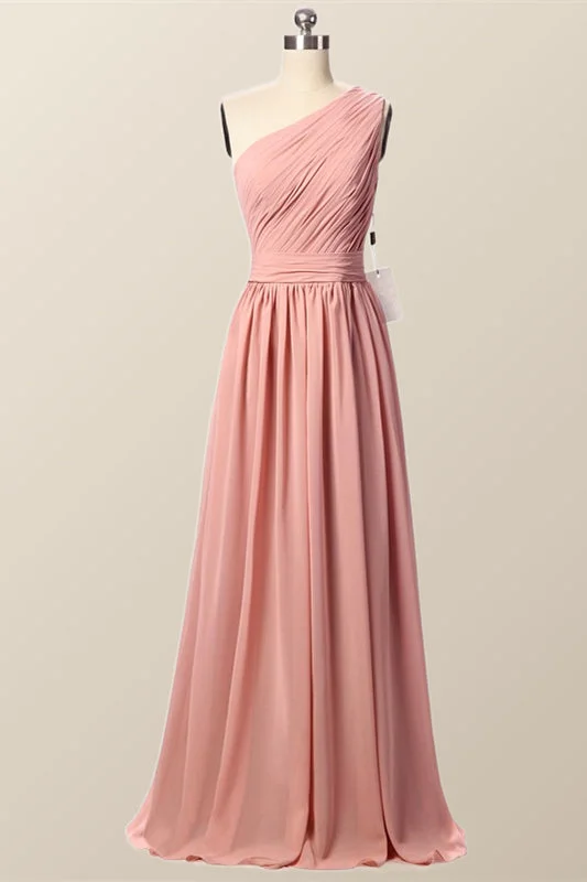 form-fitting dressOne Shoulder Blush Pink Pleated Long Bridesmaid Dress