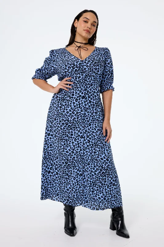 Special Discount classic fit-and-flare dressBlue with Black Floral Leopard Flute Sleeve Midi Tea Dress