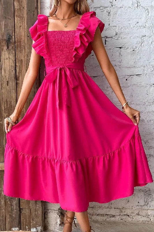 Value Deals classic fit-and-flare dressRUFFLE LAYER SHOULDER TIED WAIST SMOKED DRESS Value Deals classic fit-and-flare dressRUFFLE LAYER SHOULDER TIED WAIST SMOKED DRESS