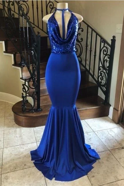 cocktail dressRoyal Blue Sequin Bodice V-Neck Halter Long Mermaid Prom Dresses Y160