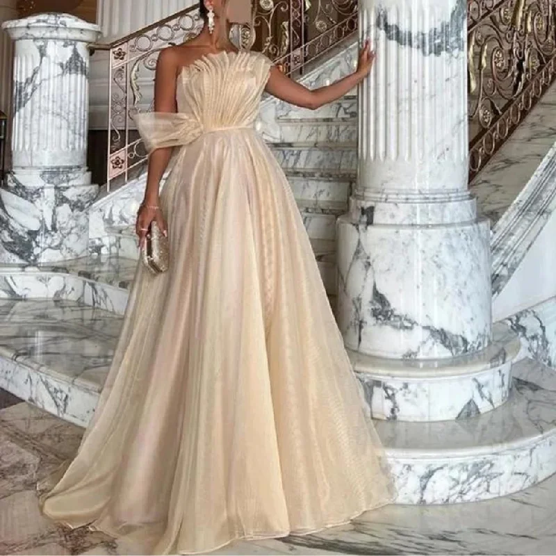 Price Buster casual day dressElegant Ivory Beige Ruffle A-Line Evening Gown, DP2233