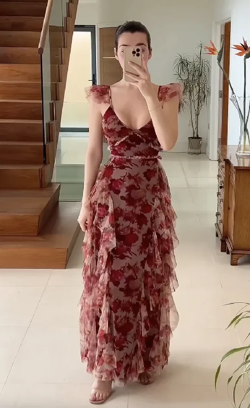 Super Bargain floral midi dressCharming Wine Red Strapless Cascading Ruffle Long Prom Dress, DP2590