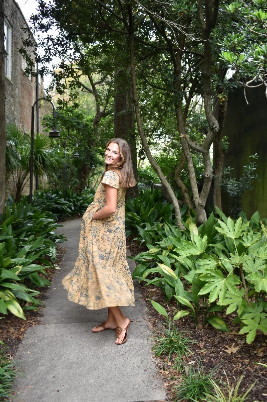 Year-End Sale Folly Midi Dress Short Sleeve Caramel and Teal Floral