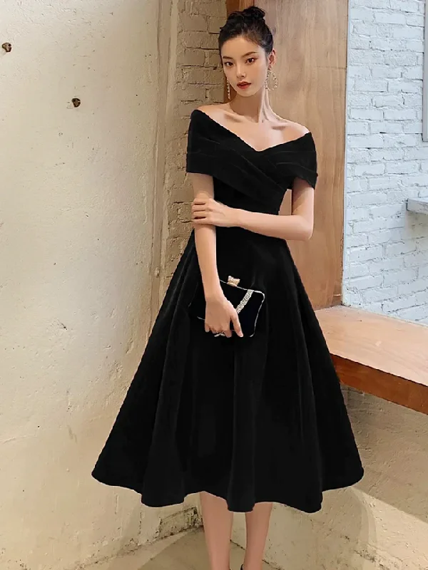 Referral Discount mini dressBlack Off Shoulder Velvet Knee Length Formal Prom Dress Evening Party Dress,DP1732