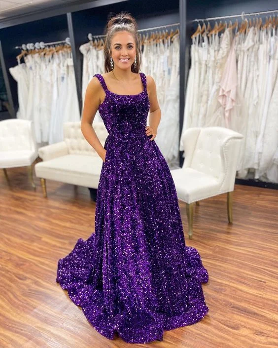 bodycon dressGorgeous Square Neck Purple Sequins Long Prom Dresses With Pockets Y829