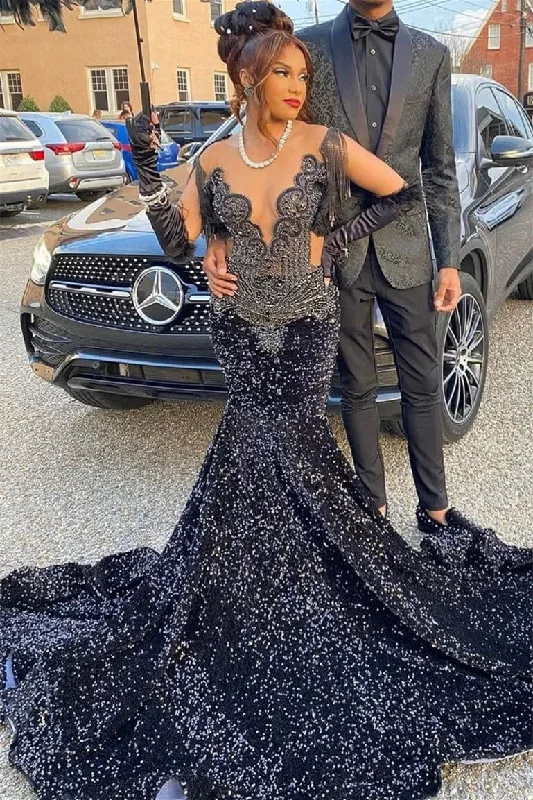 Deal Dash velvet dressBlack Sequins Beadings Mermaid Black Girl Long Prom Dress, DP2656