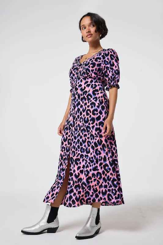 Buy More, Save More fitted dressPink with Blue and Black Shadow Leopard Flute Sleeve Midi Tea Dress