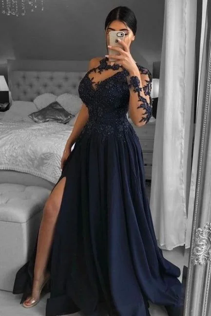 relaxed fit dressUnique One-shoulder Long-Sleeve A-Line Floor-Length Chiffon Prom Dresses with Appliques Y1136