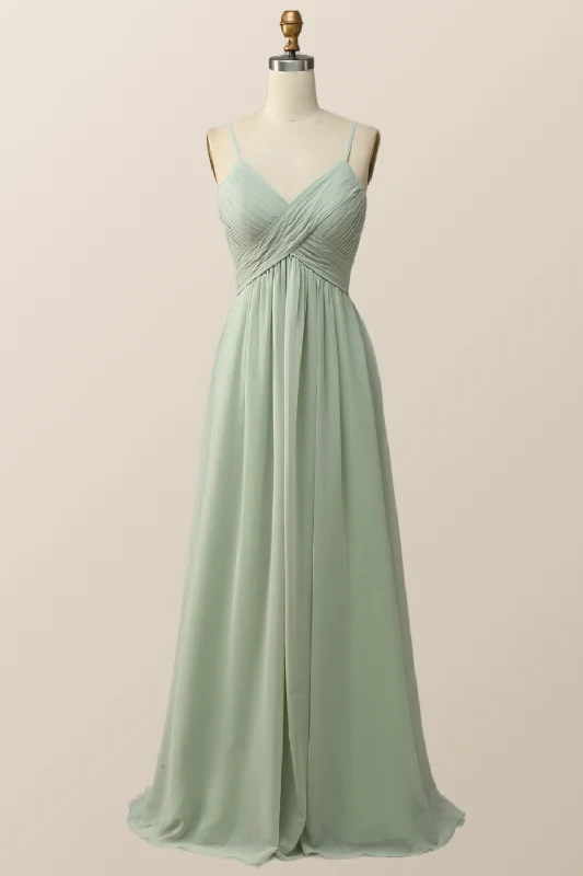 bodycon dressSage Green Pleated Straps Long Bridesmaid Dress