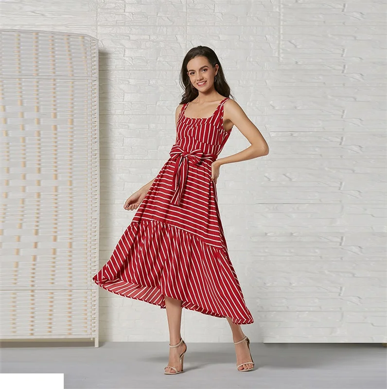 Today’s Deal fitted dressKittenAlarm - Women Fashion Sleeveless Stripe Maxi Dress Party Belt waist Casual Beach Long Dress