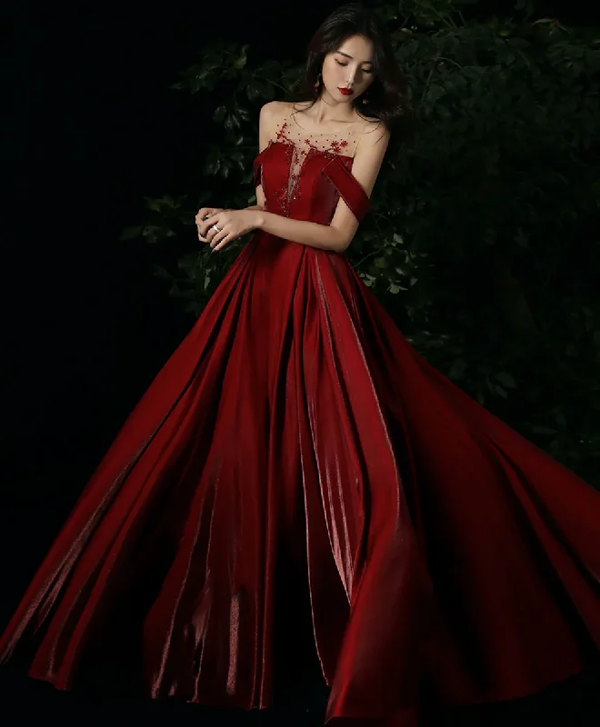 party-ready dressBurgundy Round Neck Beading Long Prom Dress, Burgundy Formal Graduation Dress Y1404