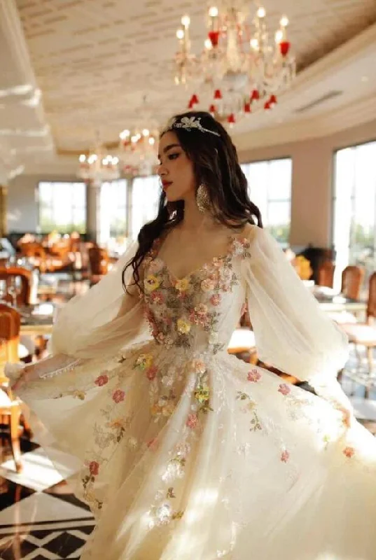 comfy maxi dressBeautiful Tulle Light Champagne Prom Dress With Flowers Puff Sleeves,Fairy Dress Y1403