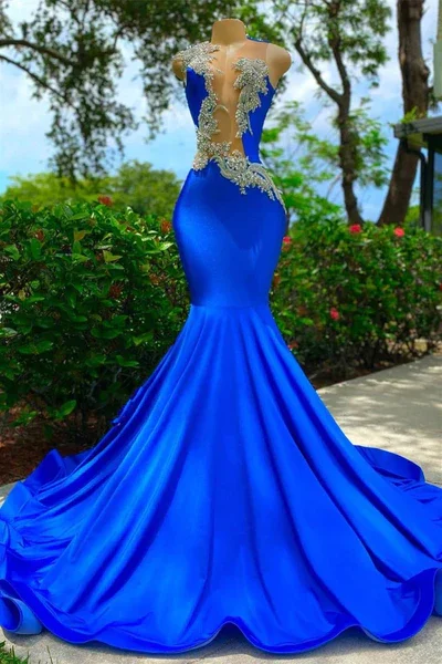Closeout summer floral dressRoyal Blue Long Mermaid Appliques Sequined Black Girl Prom Dress, DP2307
