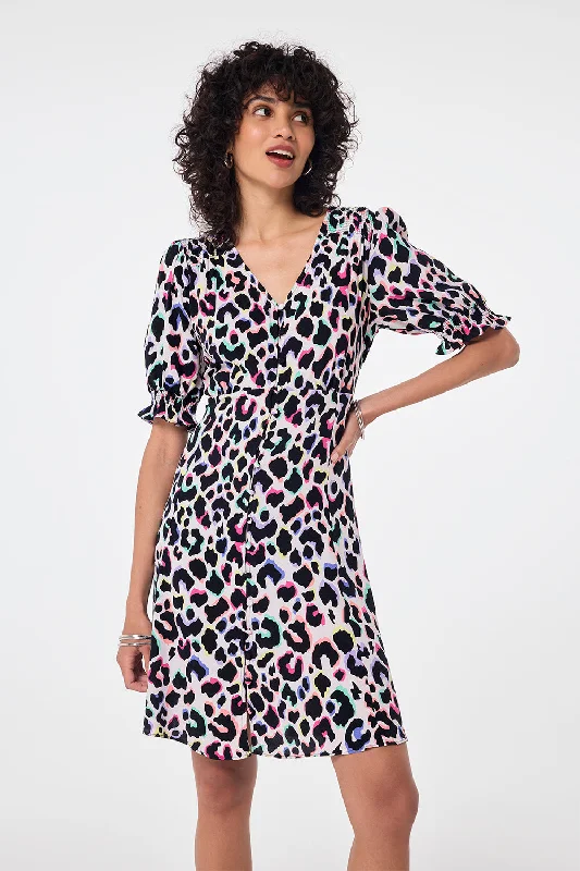 Savings Galore office dressIvory with Rainbow Shadow Leopard Short Tea Dress