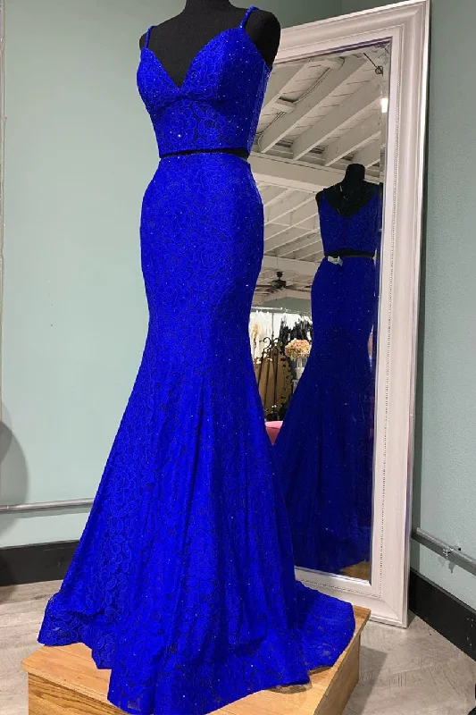 summer dressElegant Two Piece Mermaid Royal Blue Long Prom Dress Y1191