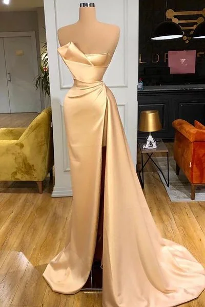 shift dressGlamorous Champagne Starpless Long Prom Dress With Split Y50