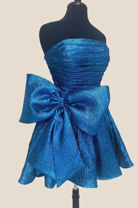 ashionable dressStrapless Blue Ruched Short Dress with Bow