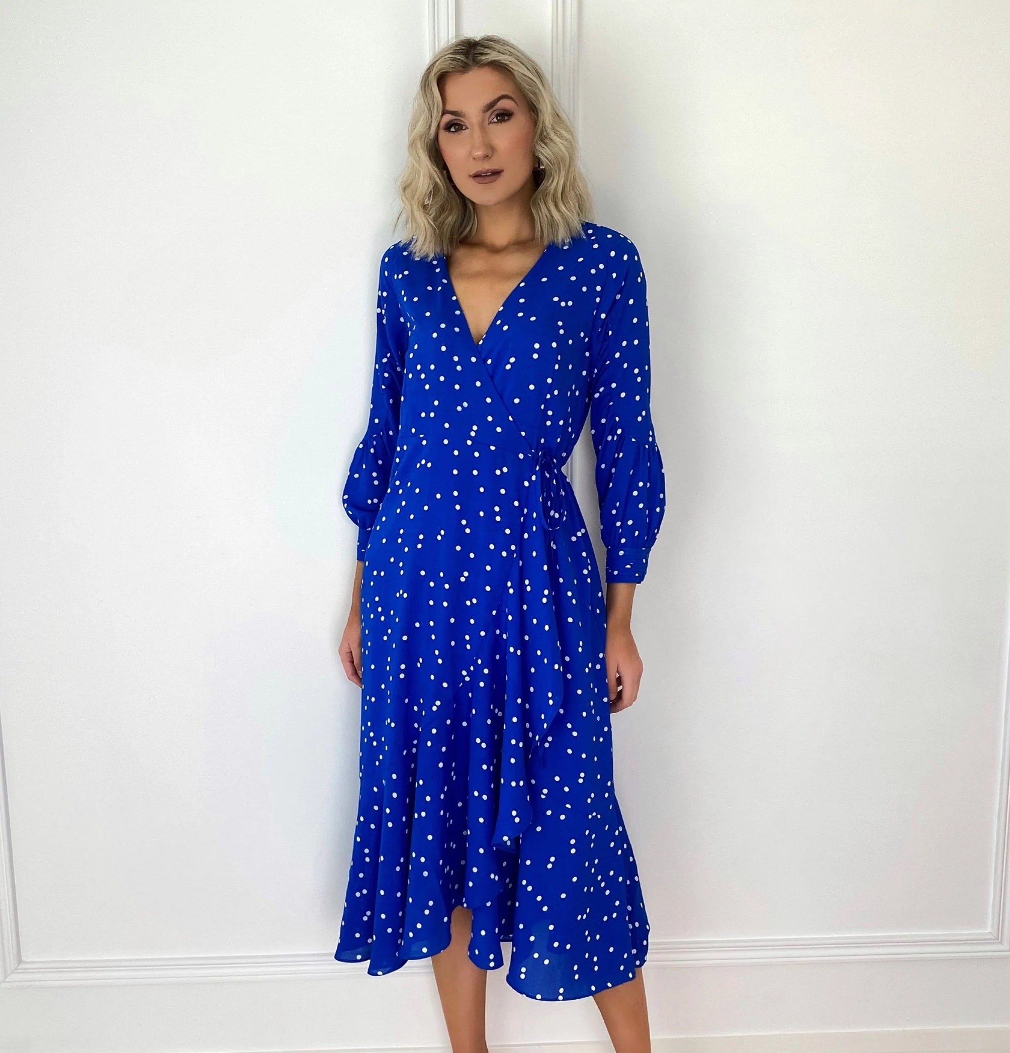 Year-End Sale off-the-shoulder dressEmer Cobalt Blue Polka Dot Wrap Frill Hem Dress