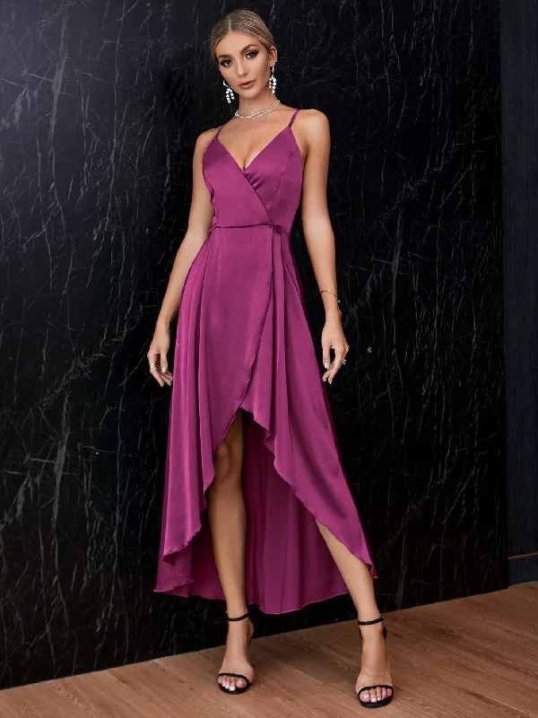 Early Bird Discount casual evening dressKittenAlarm - Surplice Front Crisscross Back Satin Tulip Hem Dress