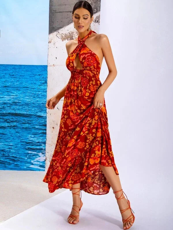 Deal Mania off-shoulder dressPlum Floral Backless Halter Mini Dress
