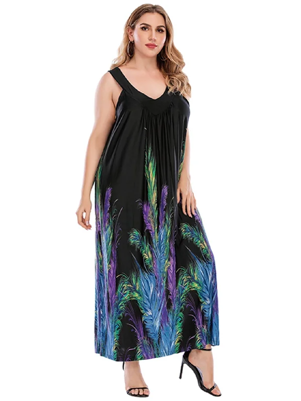 Value Deals knit dressKittenAlarm - Plus Size Black with Feather Print V-neck Dress