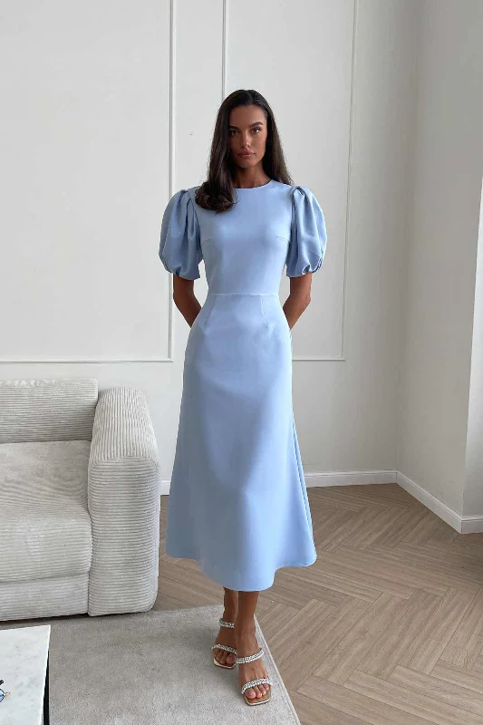 Savings Galore Godet Silhouette Puff Sleeve Midi Dress