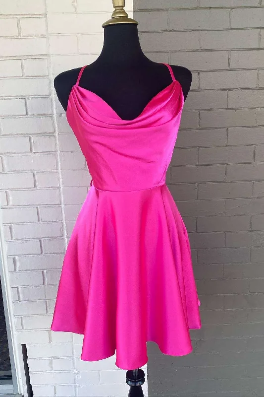 bohemian dressNeon Pink Cowl Neck A-Line Homecoming Dress Y286