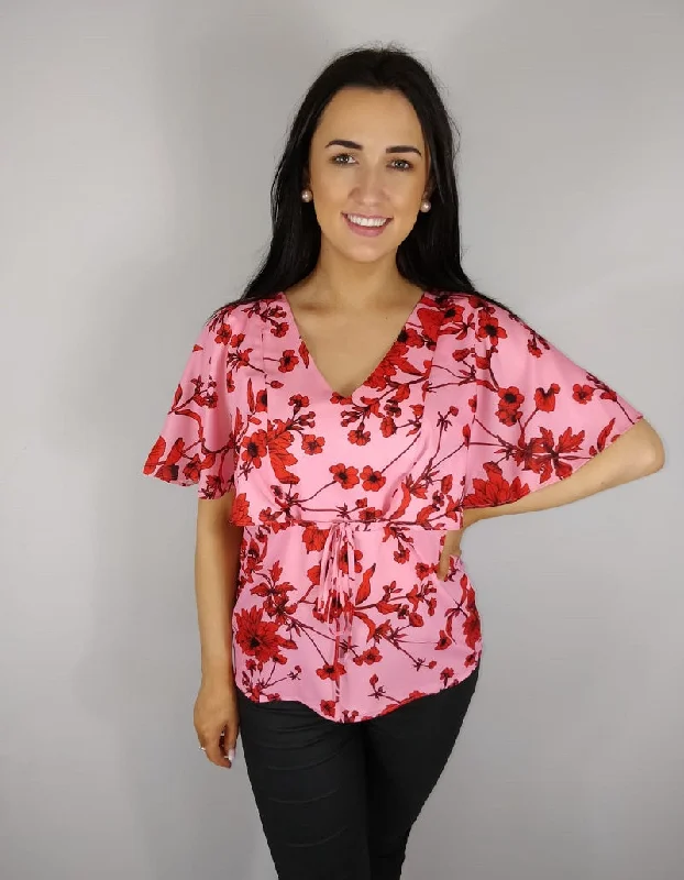 Sale Event fitted cocktail dressGrace Pink Floral Cape Sleeve Blouse