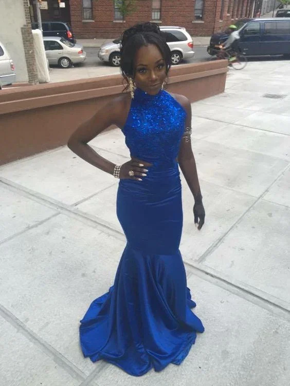 spaghetti strap dressCharming Sheath Royal Blue Satin Backless Slim Fitted Appliques Prom Dresses Y1269