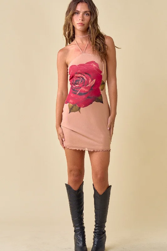 New Deals spaghetti strap dressRose Halter Mesh Mini Dress