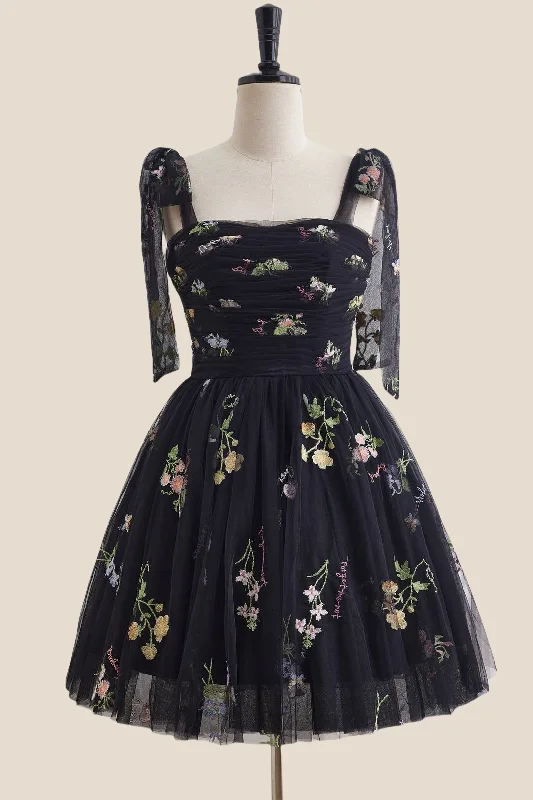 sophisticated dressStraps Black Floral Ruched Tulle Short Dress