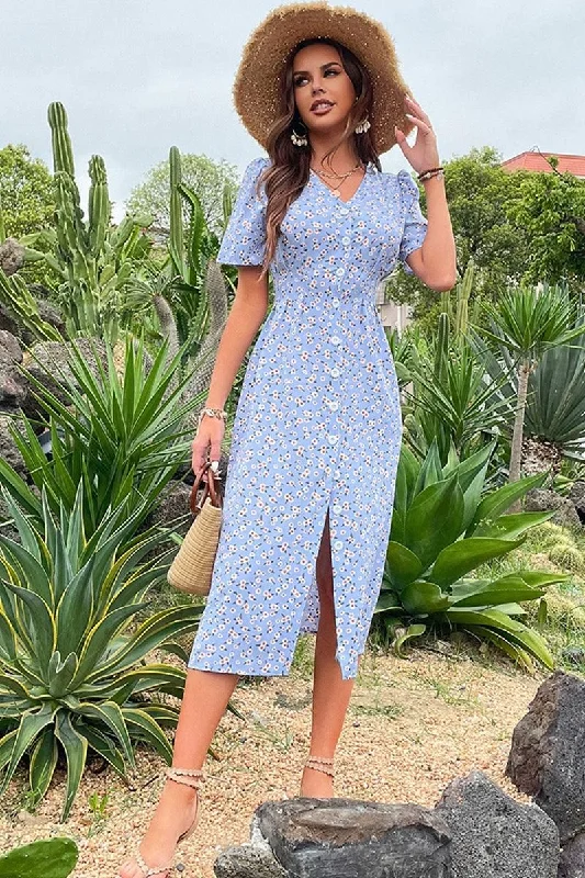 Can't Miss elegant maxi dressFLORAL V NECK PUFF BUTTON UP SLIT DRESS