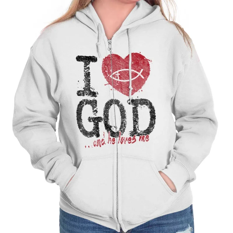 Incredible Offers graphic hoodie with printI Love God Zip Hoodie
