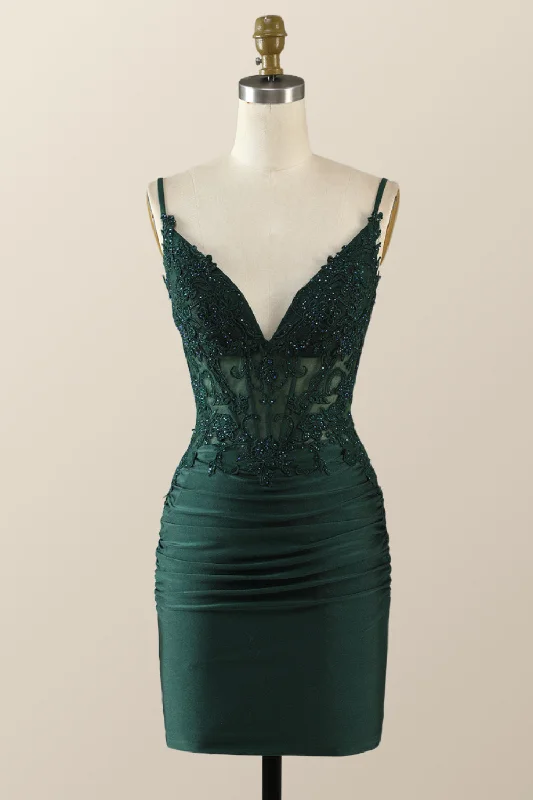 office dressStraps Emerald Green Appliques Bodycon Mini Dress