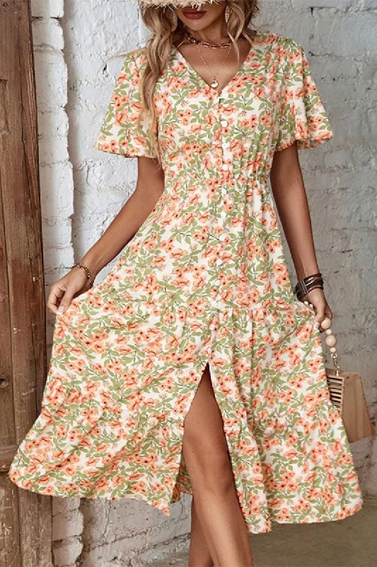 Extra Savings elegant shift dressWOMEN FLORAL BUTTON DOWN CAPE SLEEVE V NECK DRESS