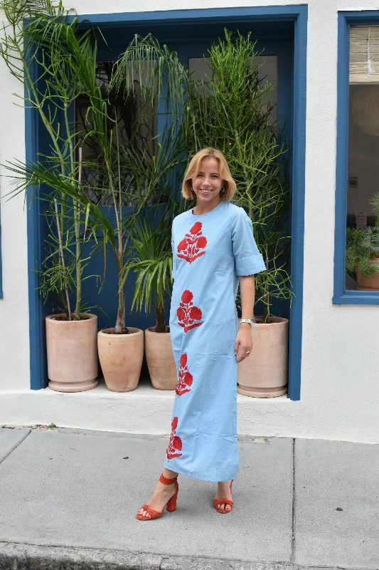 While Supplies Last Anne Maxi Dress Cuff Sleeve Row Blue with Red