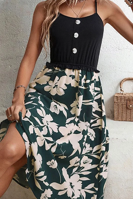 New Deals elegant evening dressFLOWER PATTERN FLARE BUTTON POINT SLIP DRESS