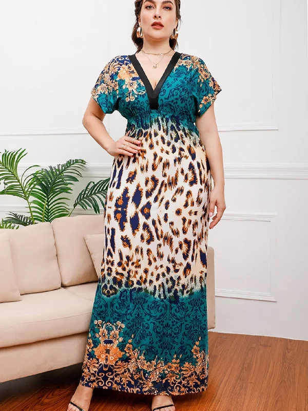 Final Markdown trendy dressKittenAlarm - Plus size Black Leopard Smocked Waist Maxi Dress