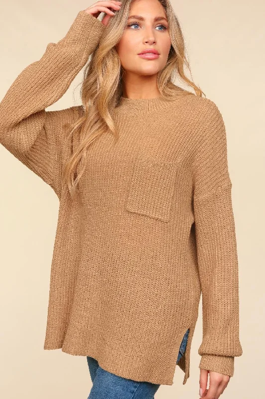 Exclusive Preview Taupe Mock Neck Oversized Pullover Sweater Knit Top