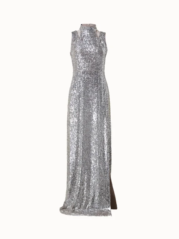 Season Finale Sale silk dressLong Silver Sequin Evening Gown