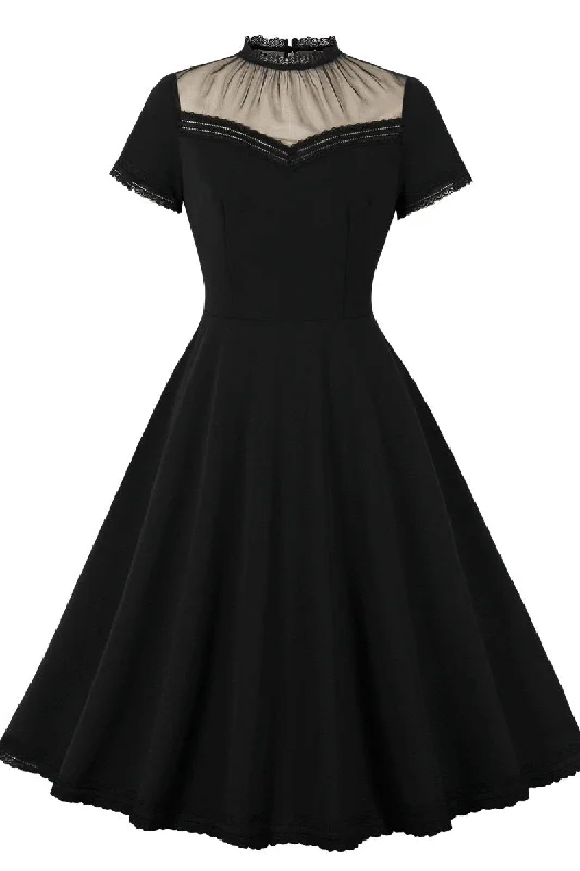 vintage-inspired dressSheer High Neck Black Swing Dress with Short Sleeves