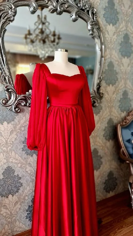 evening dressCharming Red Satin Vintage Prom Dress,Red Long Sleeves Graduation Dress Y1186