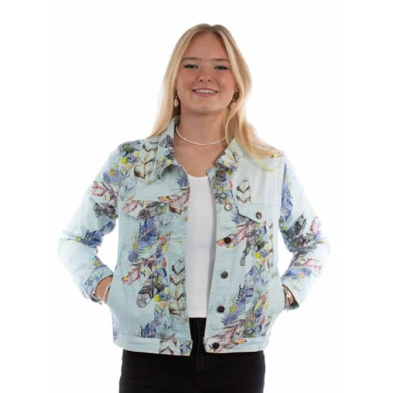 retro coatWomen's Light Blue Feather Print  Denim Jacket By Scully - HC960