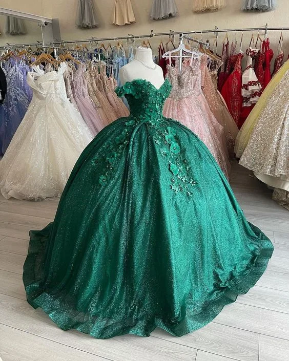 chic wrap dressOff The Shoulder Green Ball Gown With Flowers Sweet 16 Dress Y525