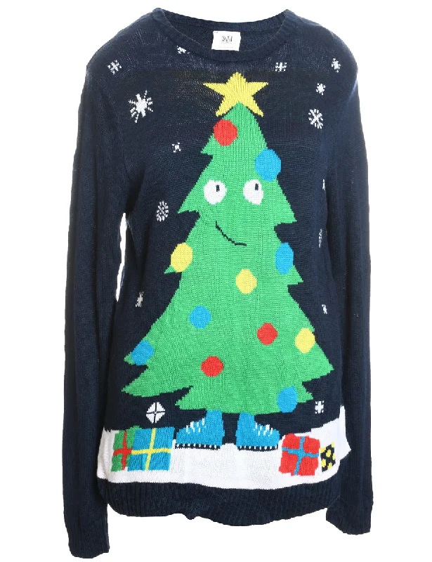 Special Price Christmas Tree Design Navy Knit Jumper - M