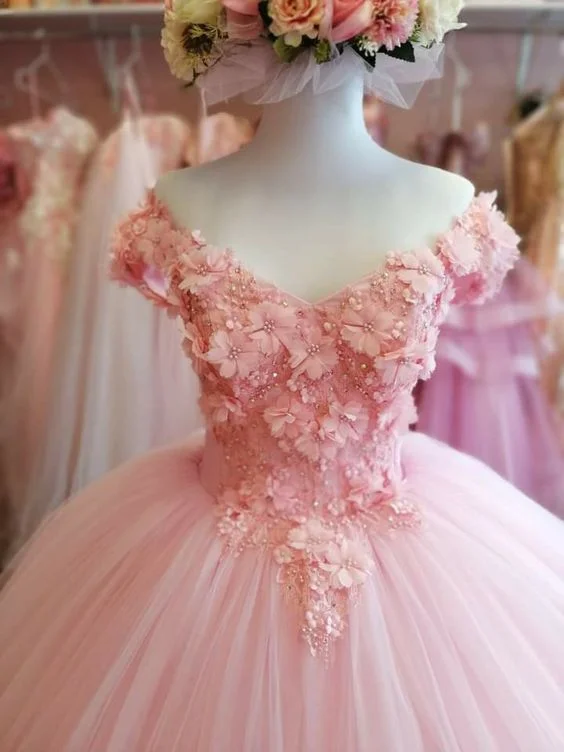 fitted dressOff The Shoulder Pink Tulle Prom Dress,Pink Princess Dress,Sweet 15 Dress Y1123