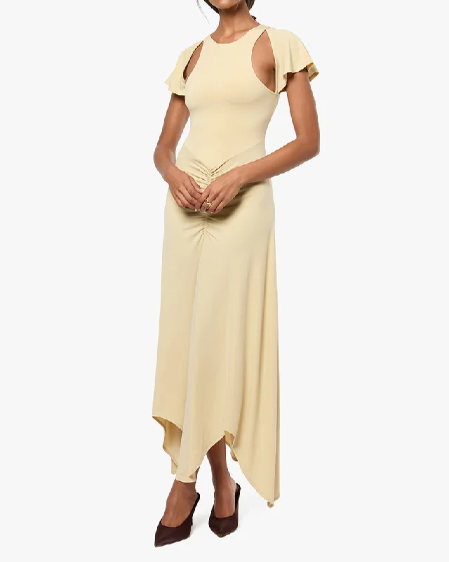 Deal Explosion textured dressRuched Cut Out Asymmetrical Midi Dress